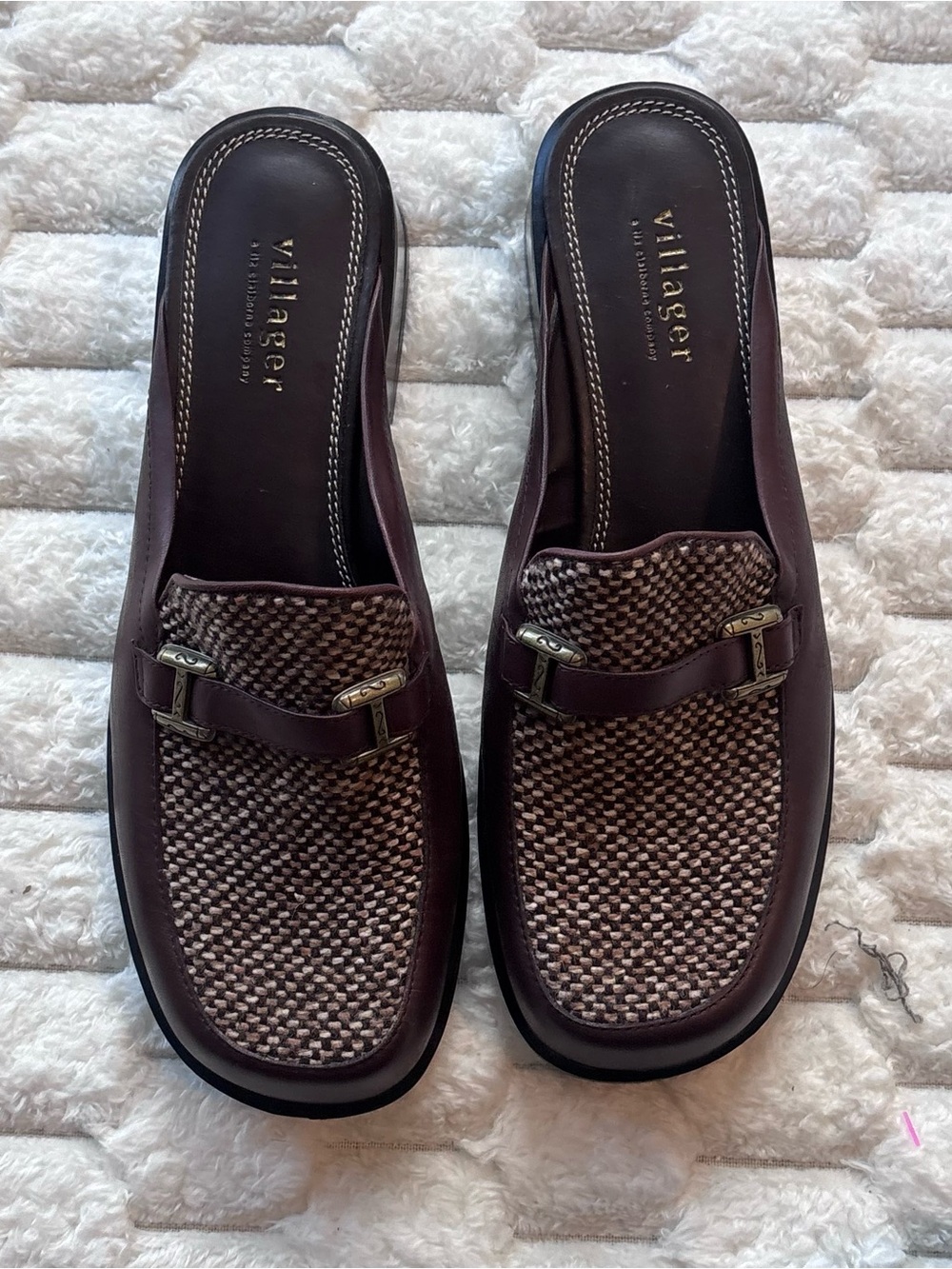 Villager Rush Dark Brown Woven Genuine Leather Slip-On Mules Loafers size 7.5